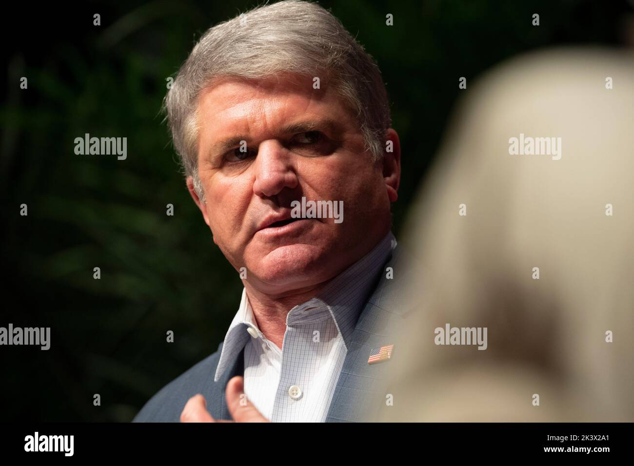 Texas Republican congressman MICHAEL MCCAUL speaks during an interview session at the annual Texas Tribune Festival in downtown Austin on September 24, 2022. McCaul, who represents Texas' 10th District, is on the Foreign Affairs Committee. Stock Photo