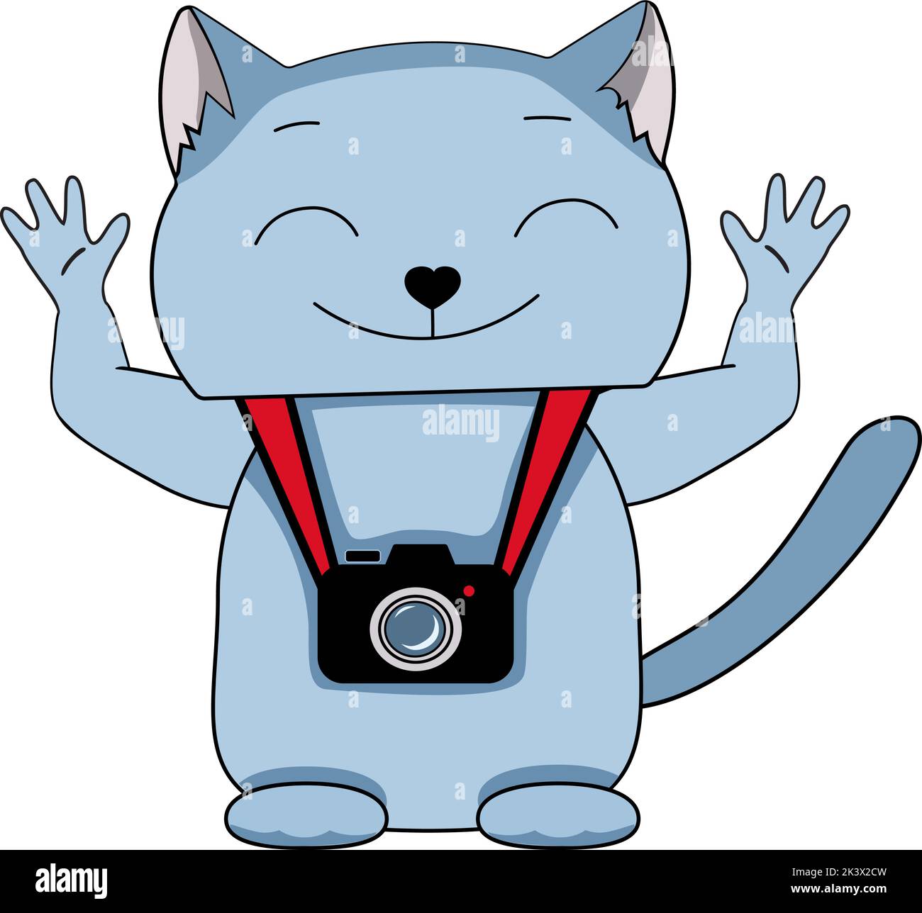 Happy cartoon blue cat with a camera around his neck Stock Vector