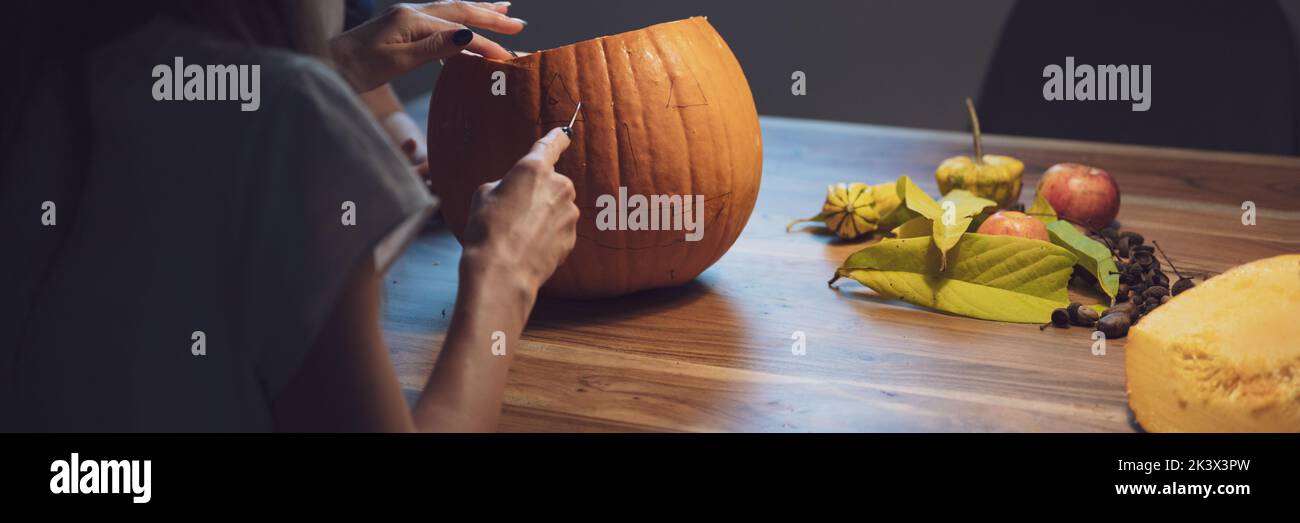 Wide view image of a woman carving halloween pumpkin on a domestic dining table with seasonal fall decoration. Stock Photo