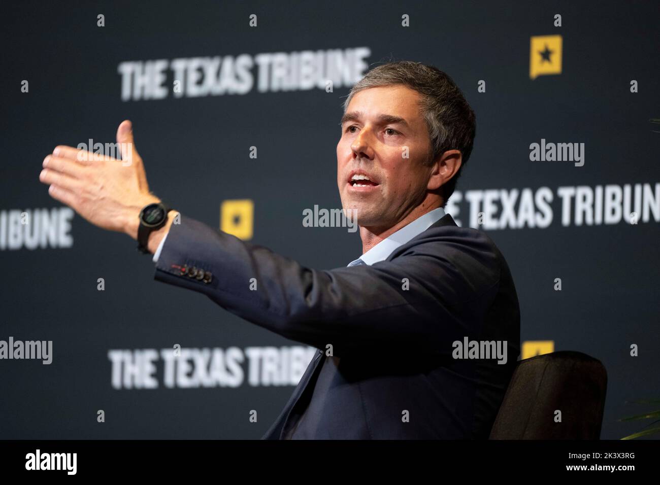 Austin Texas USA, September 24 2022: Democratic nominee for governor of Texas BETO O'ROURKE speaks during an interview session at the annual Texas Tribune Festival in downtown Austin. O'Rourke is a former congressman from El Paso. Stock Photo