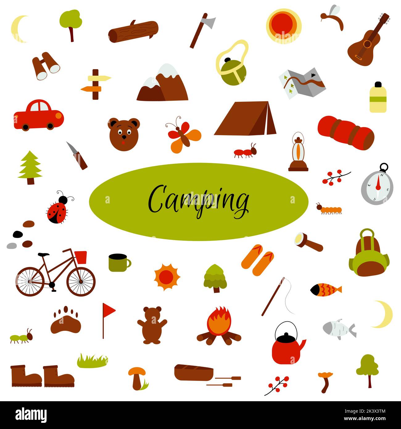 Vector flat set of hiking and camping elements mountains, tent, car ...