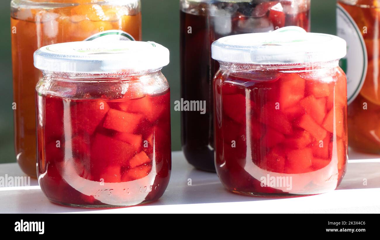 Glass jars with jam close-up Stock Photo