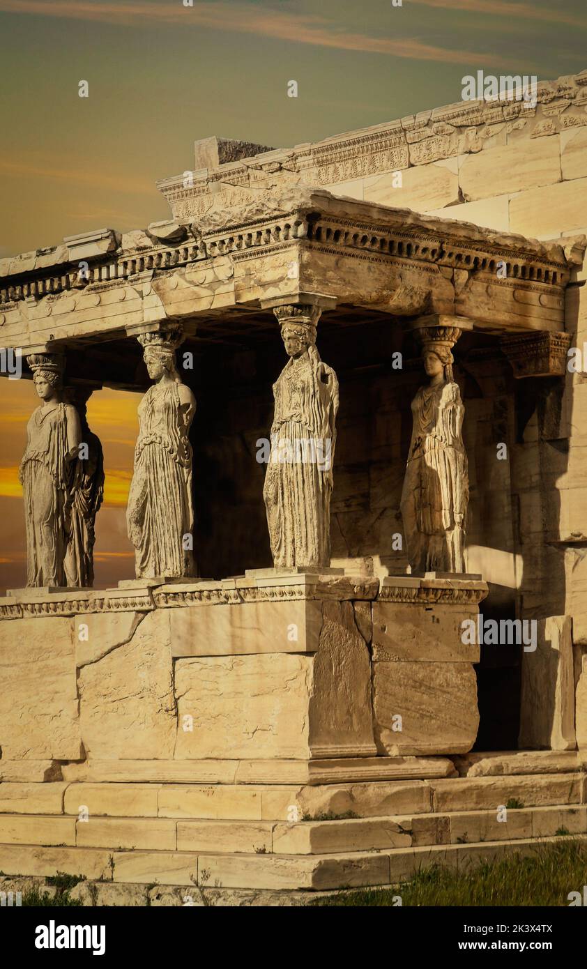 The famous Porch of the Caryatids or the Maidens on the south side of the Erechtheion or Erechtheum an ancient Greek temple on the Athens Accropolis a Stock Photo