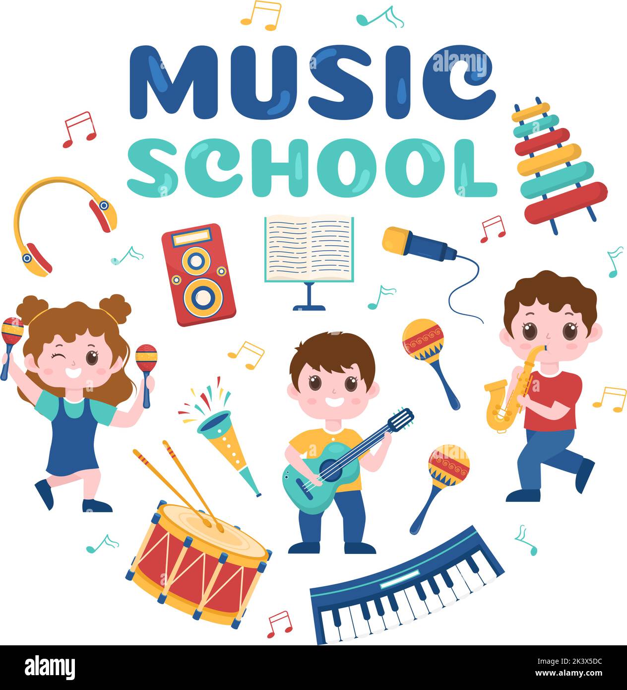 Music School Template In Hand Drawn Cartoon Flat Illustration Playing