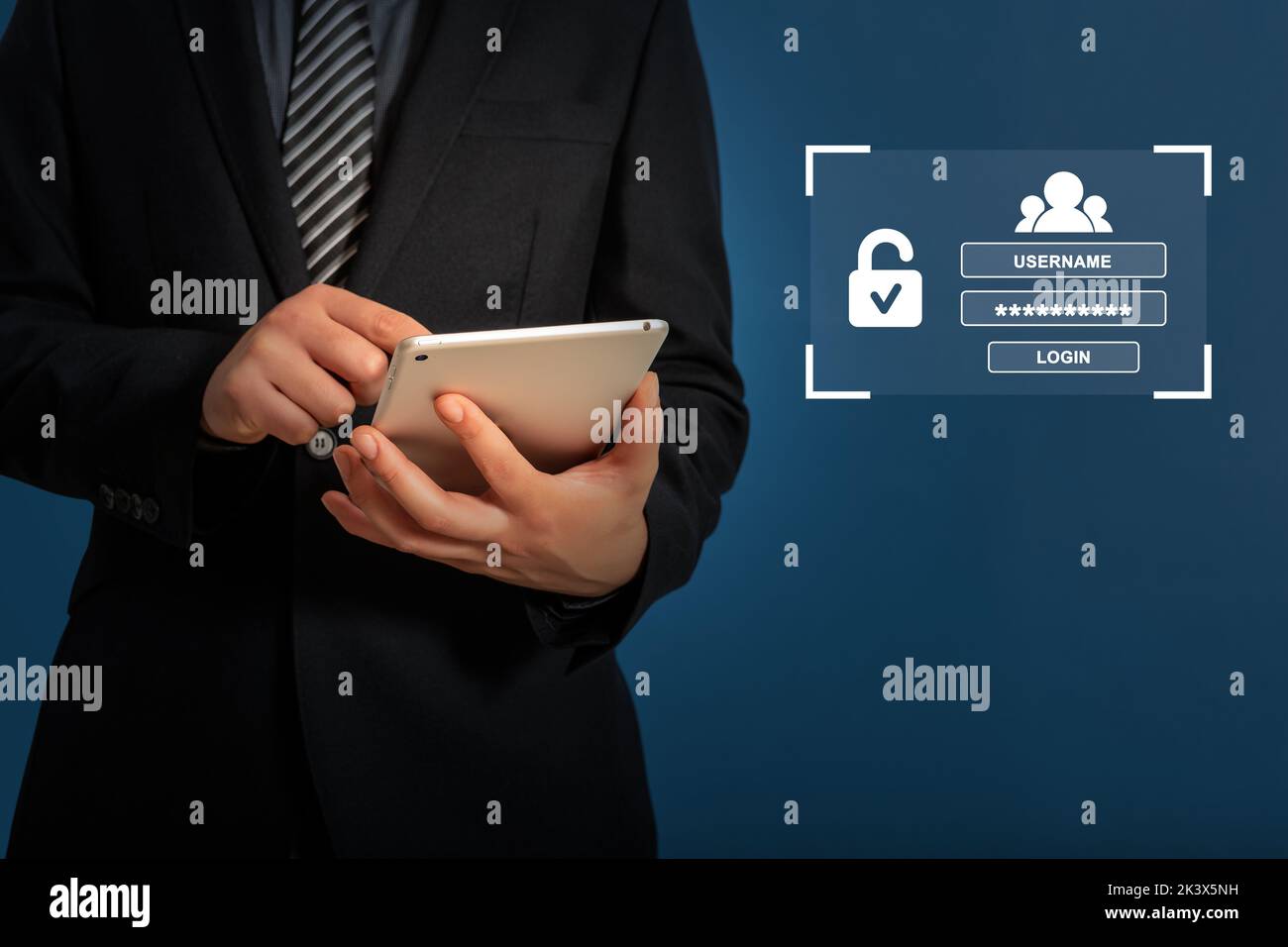 Username and password to login on tablet screen, cyber security concept. Data protection and secured internet access, cyber security on tablet. Stock Photo