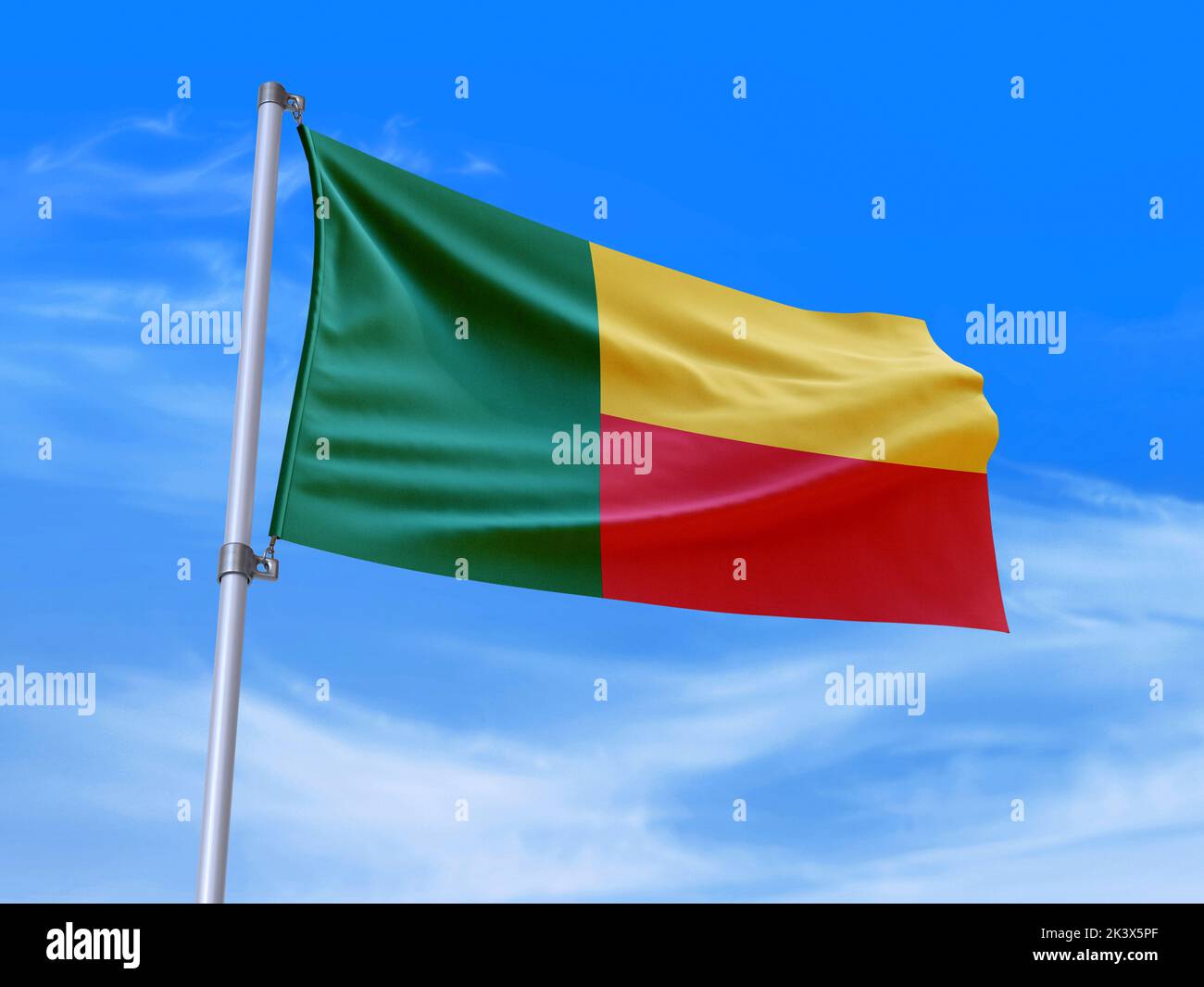 Beautiful Benin flag waving in the wind with sky background - 3D illustration - 3D render Stock Photo