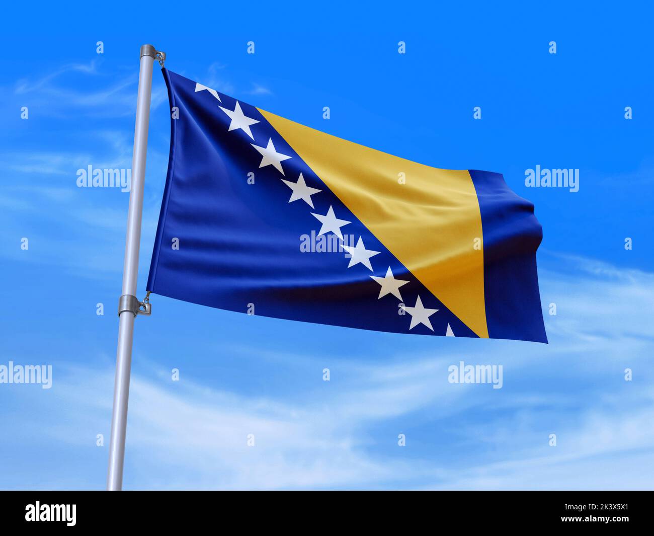 Beautiful Bosnia-and-Herzegovina flag waving in the wind with sky background - 3D illustration - 3D render Stock Photo