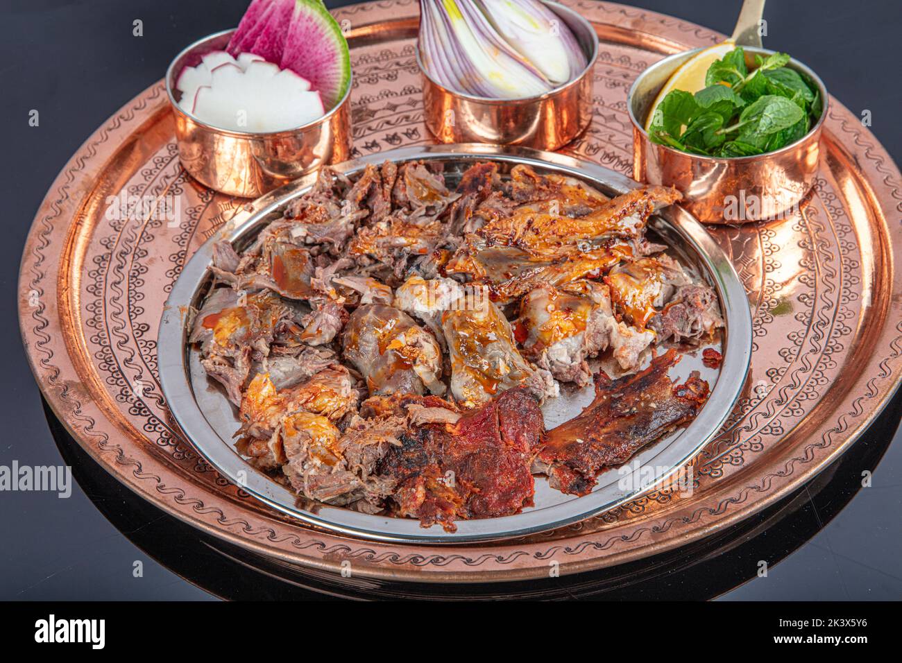 Turkey national cuisine dish Roasting lamb with meat. Roasted head of