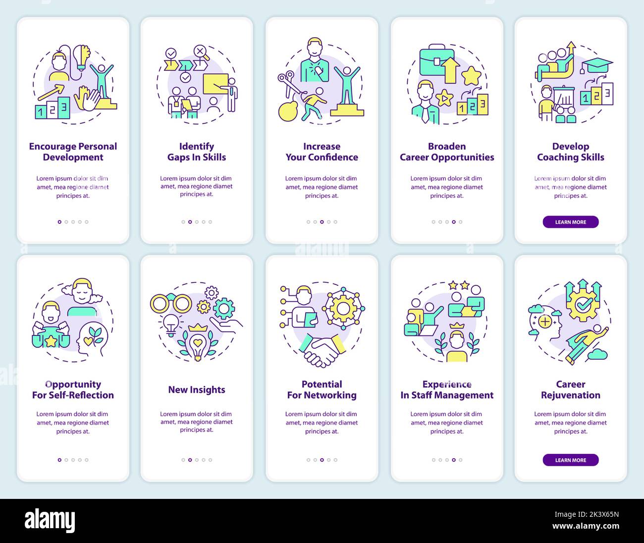 Effective mentoring program signs onboarding mobile app screen set Stock Vector