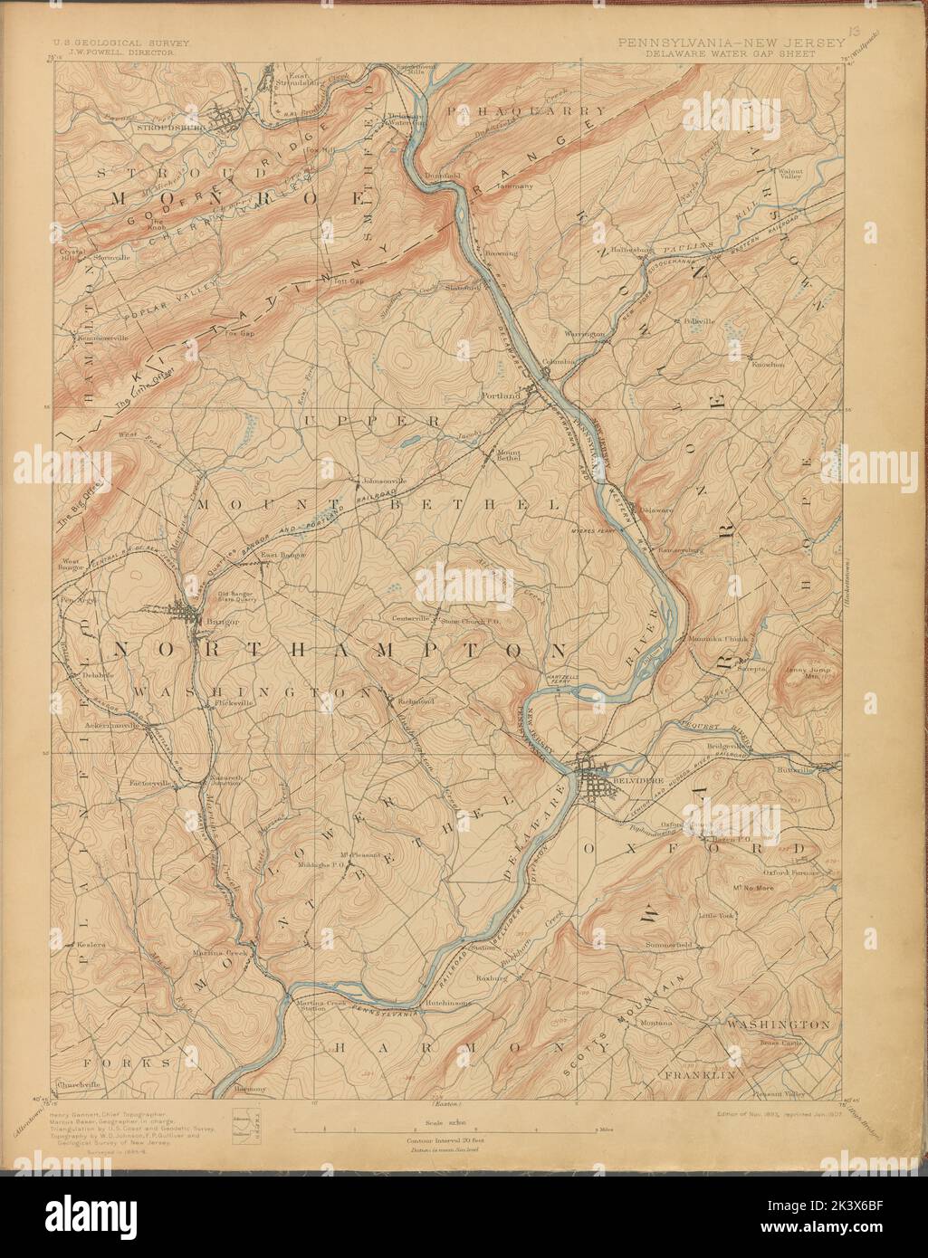 Delaware Water Gap, survey of 1885-8, ed. of 1893, repr. 1907. 1899 - 1926. Cartographic. Atlases, Maps. Lionel Pincus and Princess Firyal Map Division. New Jersey , Maps Stock Photo