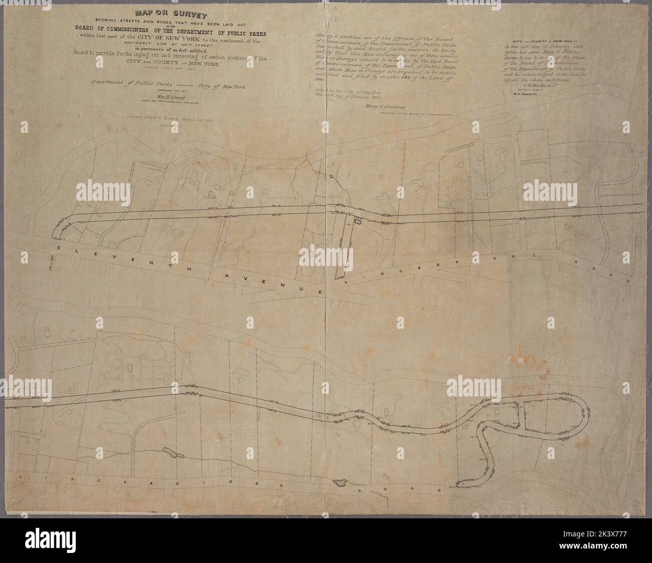 Copy of map or survey showing streets and roads that have been laid out by the Board of Commissioners of the Department of Public Parks within that part of the City of New York to the northward of the southerly line of 155th Street : in pursuance of an Act entitled 'An Act to provide for the laying out and improving of certain portions of the City and County of New York' passed April 24th 1865 / Wm H. Grant, civil and topographical engineer. Cartographic. Maps. 1873. Lionel Pincus and Princess Firyal Map Division. Manhattan (New York, N.Y.), New York (N.Y.), City planning , New York (State) , Stock Photo