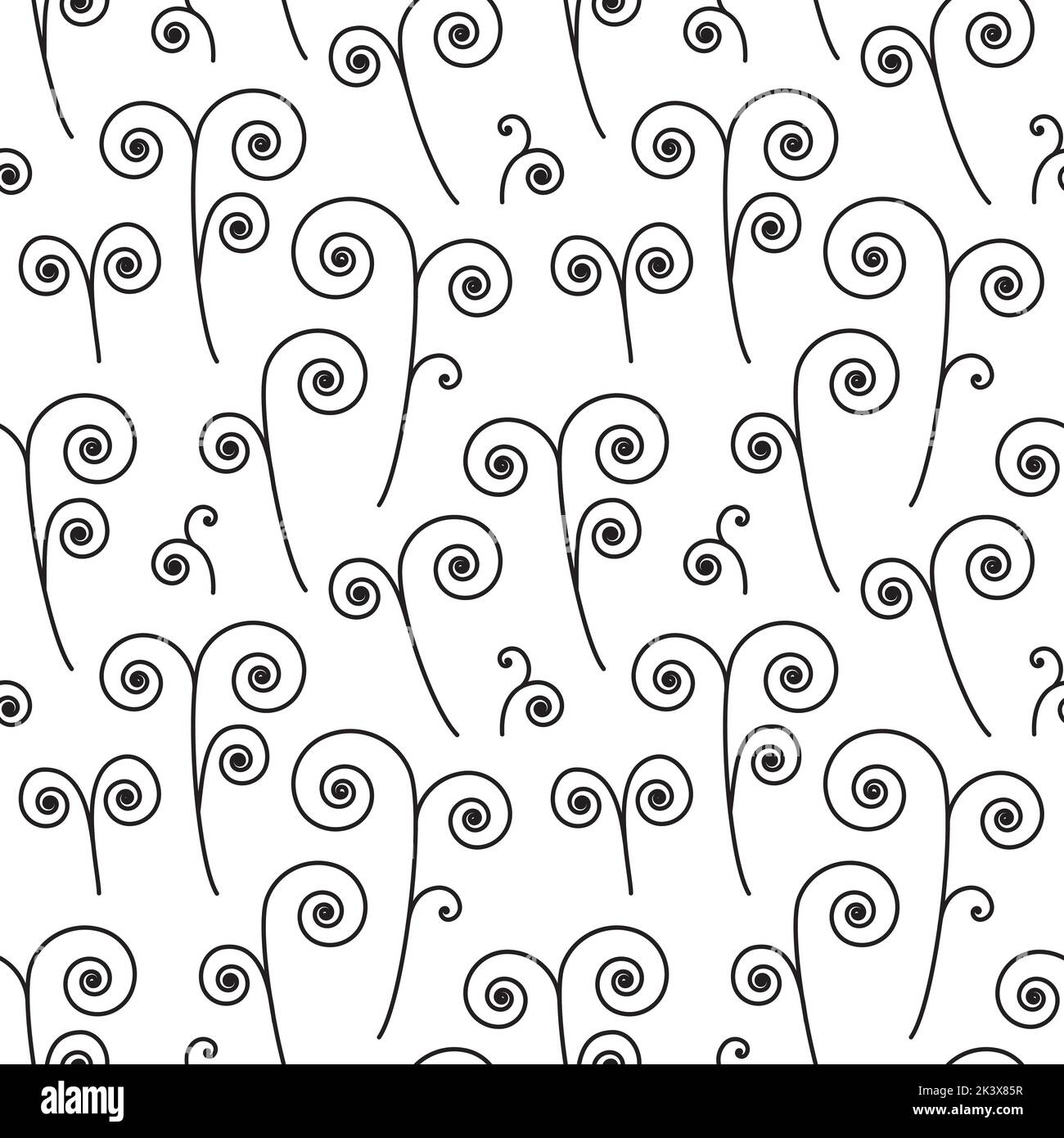 Black and white seamless abstract hand-drawn pattern with black spiral ...