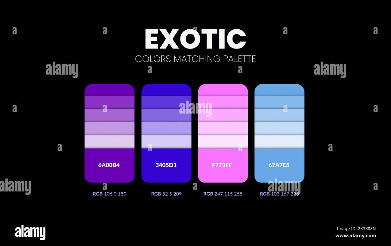 Exotic color scheme. Color Trends combinations and palette guide. Example of table color shades in RGB and HEX. Color swatch for fashion, home, interi Stock Vector