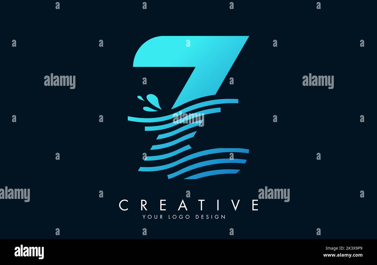 Blue Z Letter Logo with Waves and Water Drops Design Vector