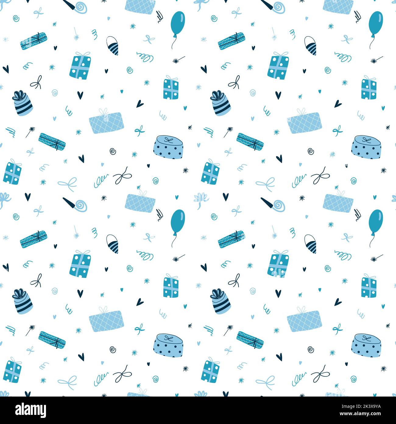 Vector seamless pattern with cute funny blue gift boxes in cartoon flat ...