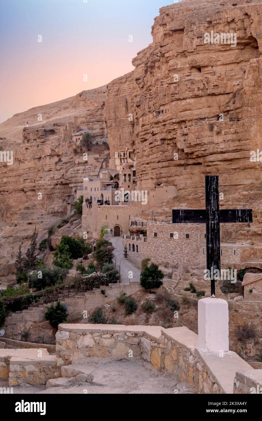 The Monastery of St George of Koziba, nestled in the lush valley of the Wadi Qelt, Judaean or Judean desert in Israel Stock Photo