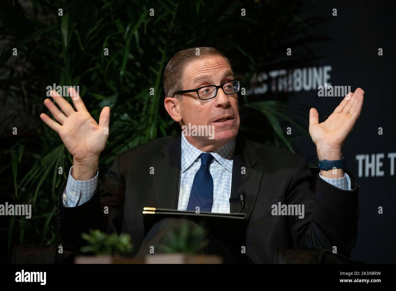 CEO and co-founder of the Texas Tribune EVAN SMITH leads discussion during an interview session at the annual Texas Tribune Festival in downtown Austin on September 24, 2022. Stock Photo