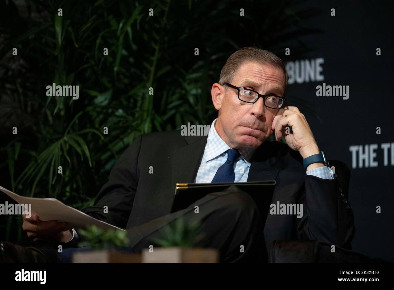 CEO and co-founder of the Texas Tribune EVAN SMITH leads discussion during an interview session at the annual Texas Tribune Festival in downtown Austin on September 24, 2022. Stock Photo