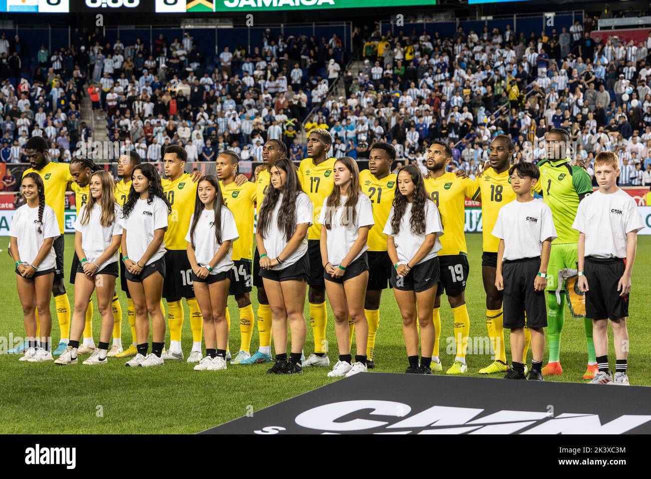 New York, New York, USA. 27th Sep, 2022. Jamaica national team starting eleven pose before friendly football game against Argentina at Red Bull Arena. Argentina won 3 - 0. Friendly game played in preparation for the World Cup to be held in Qatar in November 2022. Three intruders were apprehended by security personnel after they invaded the pitch during the game trying to reach Lionel Messi of Argentina. (Credit Image: © Lev Radin/Pacific Press via ZUMA Press Wire) Stock Photo