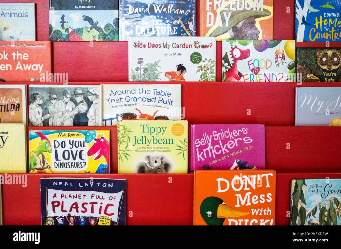 A variety of English Children's picture books are displayed on the shelves in an Australian suburban library. Stock Photo