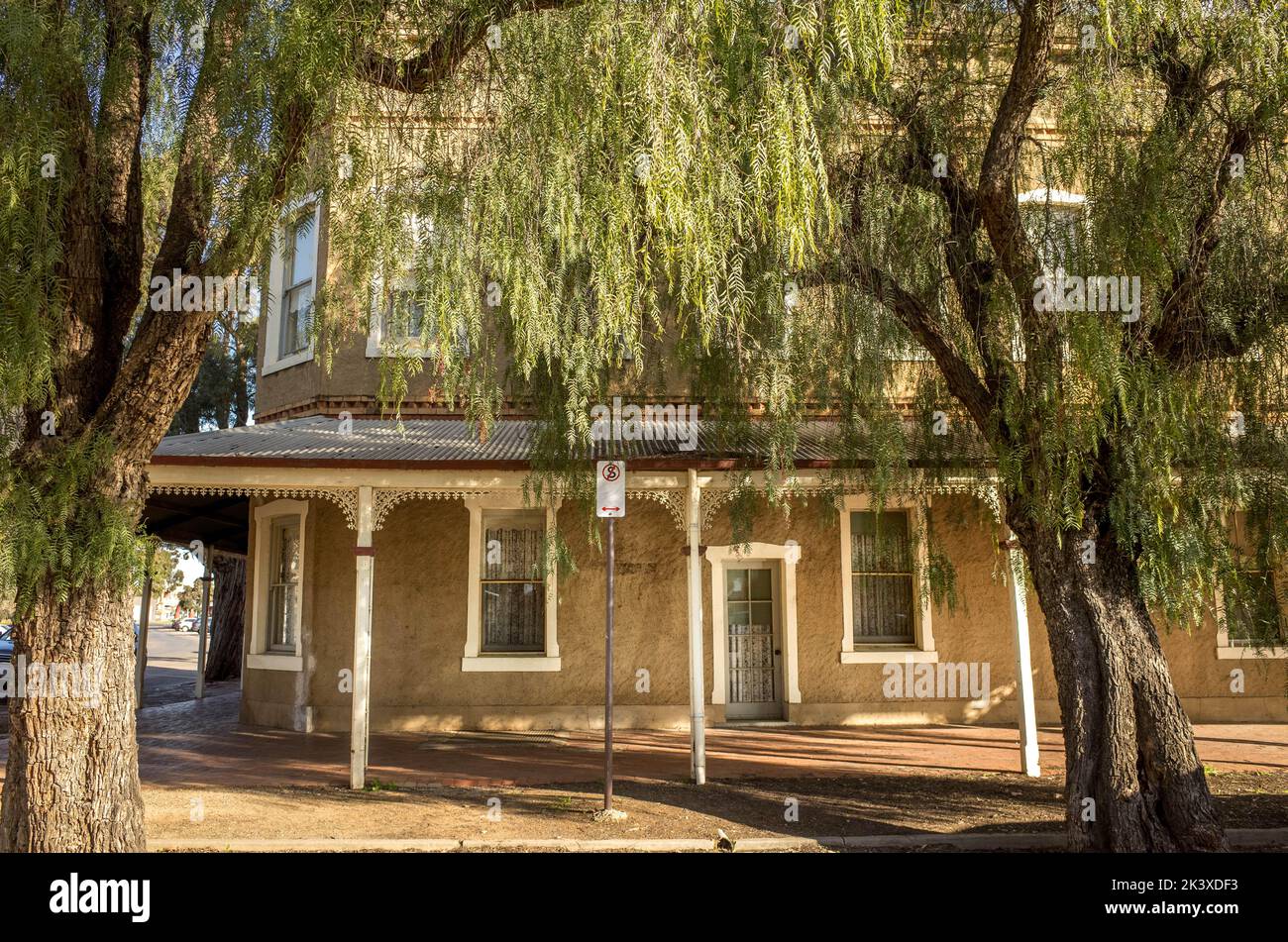 The historic building of the Steampacket Hotel, Echuca, Australia. Originally built in early 1870, the hotel has close proximity to the wharf. Stock Photo