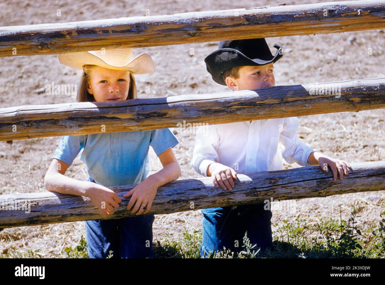 Young Boy and Girl at Dude Ranch, Wilson Wyoming, USA, Toni Frissell Collection, 1958 Stock Photo