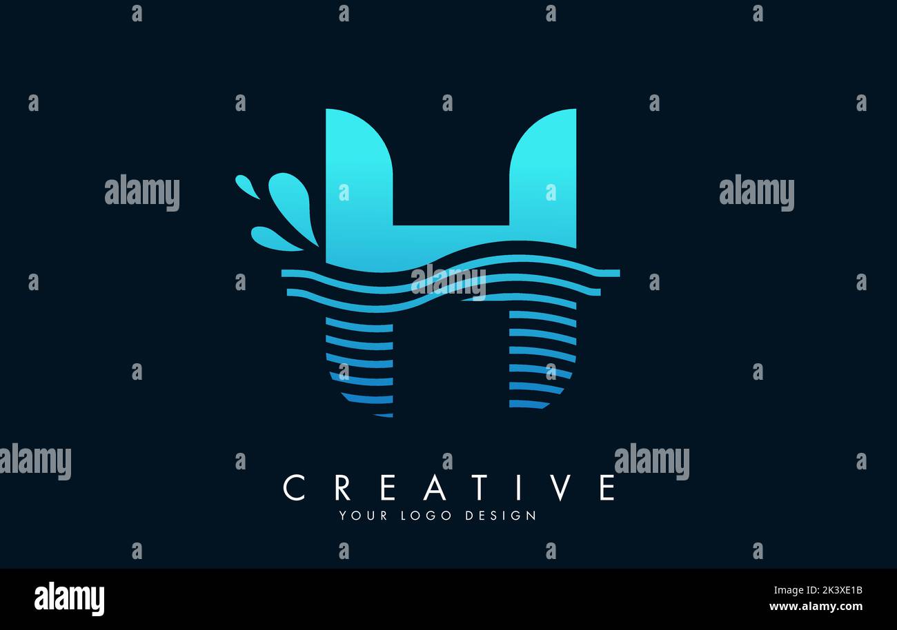 Blue H Letter Logo with Waves and Water Drops Design Vector