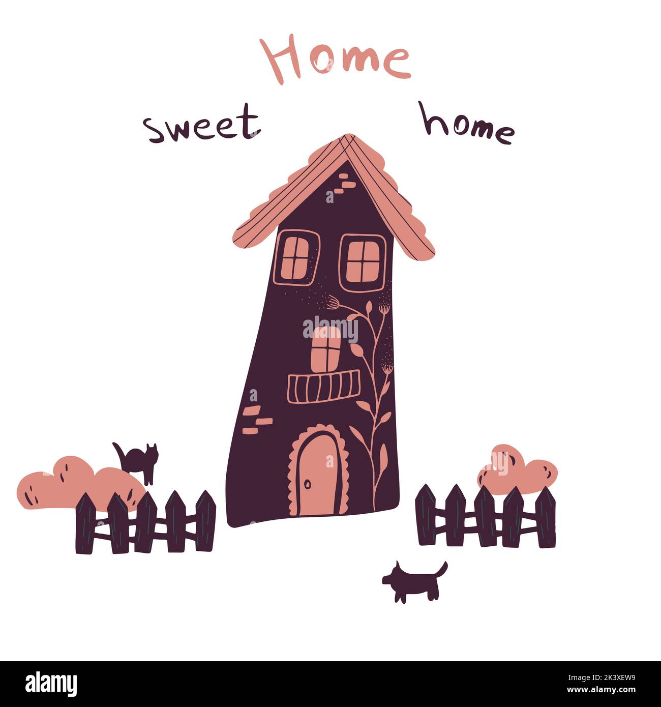 Vector illustration of house with fence, bushes, cat and dog in cartoon flat childish style. Hand drawn lettering home sweet home for childrens card, Stock Vector