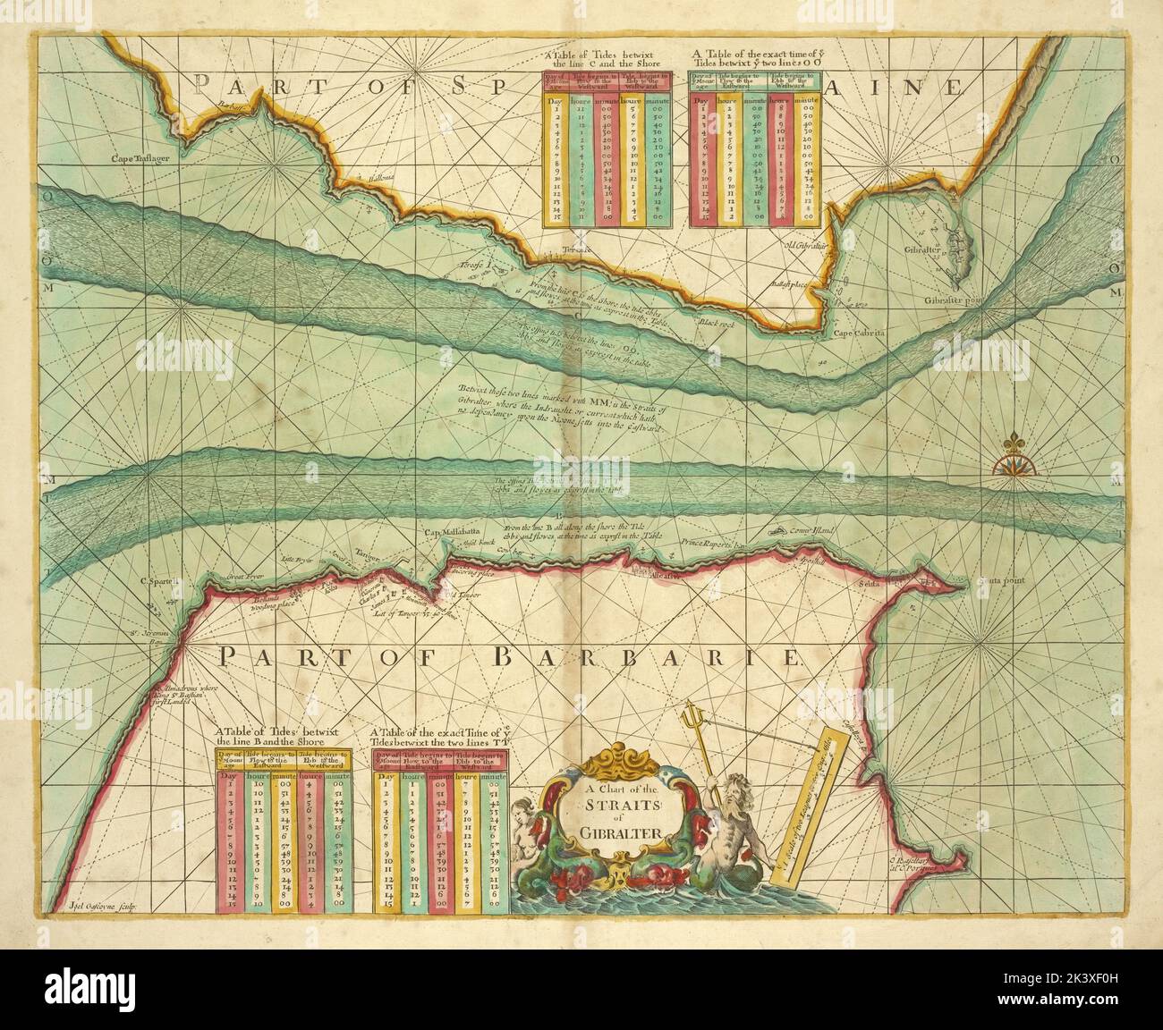 A chart of the STRAITS of GIBRALTER 1702 - 1707. Cartographic. Maps, Nautical charts. Lionel Pincus and Princess Firyal Map Division. Spain, Morocco, Gibraltar, Strait of Stock Photo