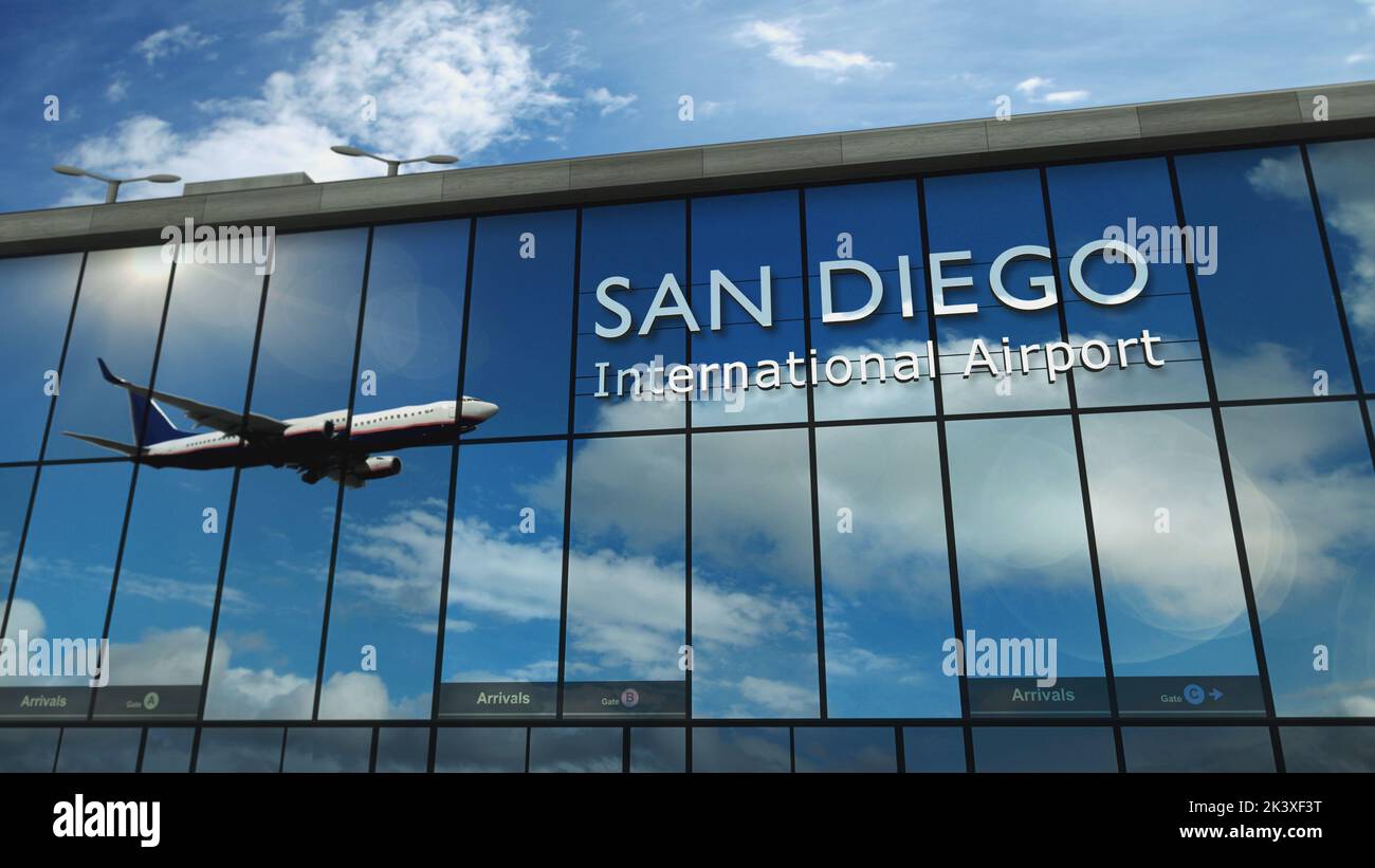 Aircraft landing at San Diego, California, USA 3D rendering illustration. Arrival in the city with the glass airport terminal and reflection of jet pl Stock Photo