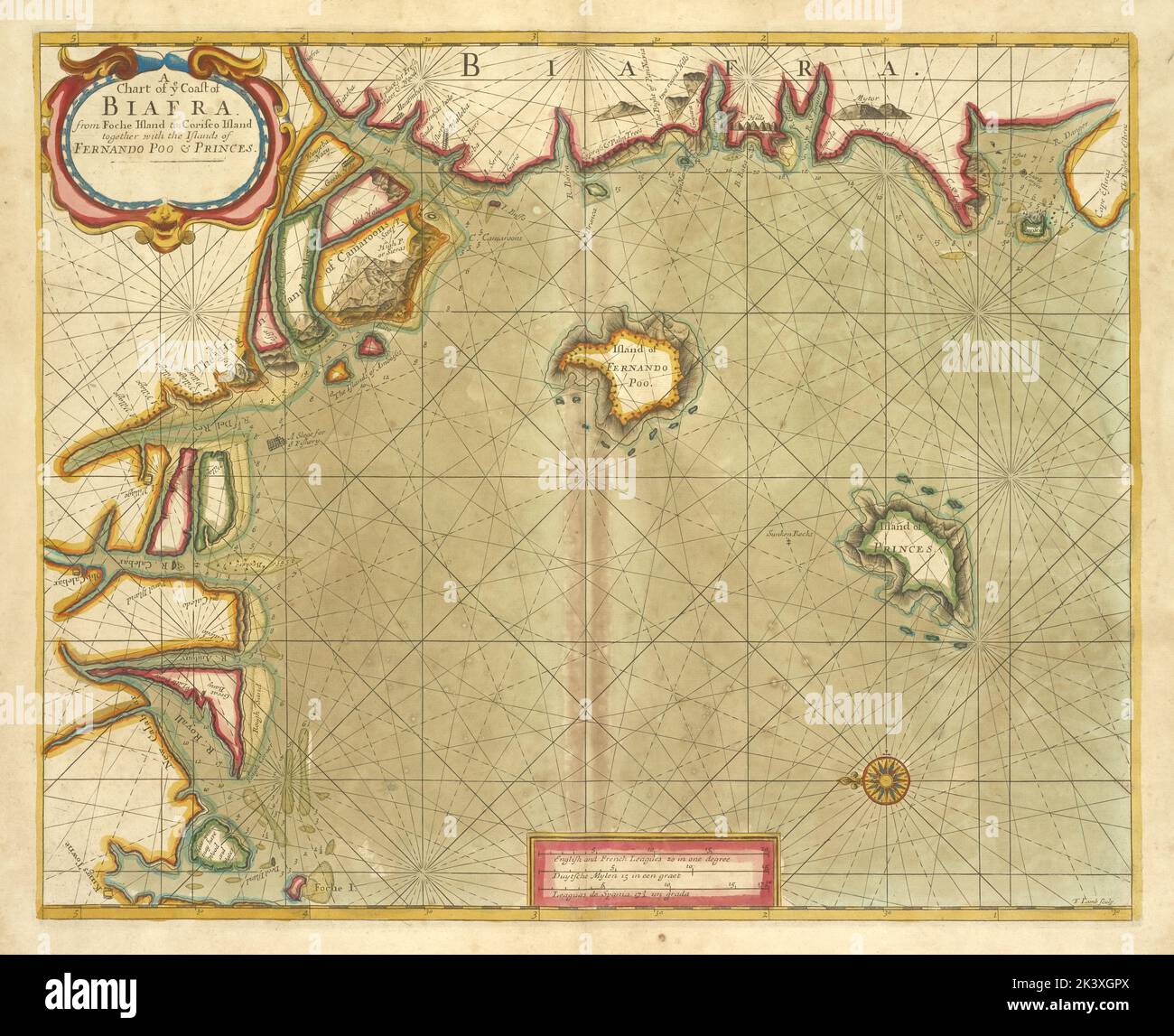 A chart of coast of BIAFRA from Foche Island to Corisco Island together with the Islands of FERNANDO POO and PRINCES 1702 - 1707. Cartographic. Maps, Nautical charts. Lionel Pincus and Princess Firyal Map Division. Cameroon, Biafra, Bight of, Nigeria, Fernando Po (Equatorial Guinea) Stock Photo