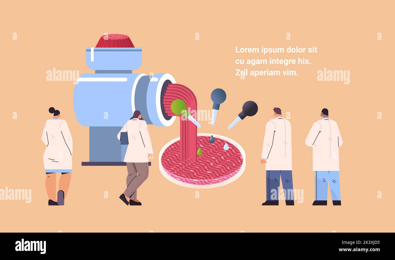 scientists analyzing meat grinder and cultured raw red meat made from animal cells artificial lab grown meat production concept horizontal vector illu Stock Vector