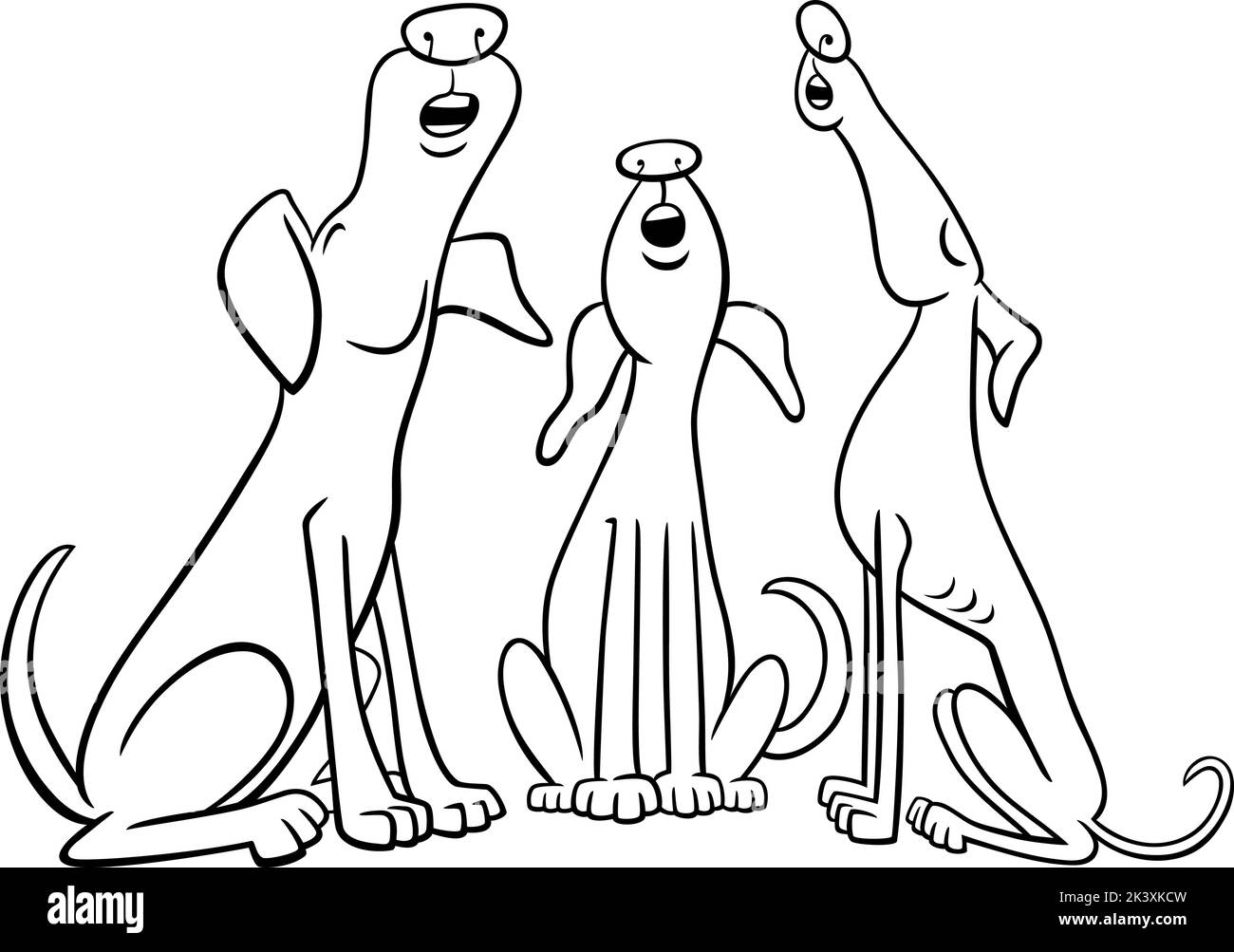 Black and white cartoon illustration of three dogs animal characters howling or barking coloring page Stock Vector
