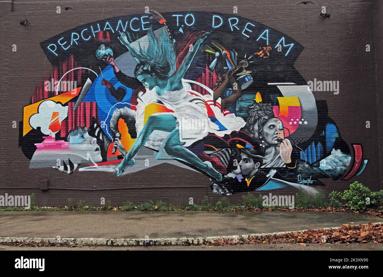 2017, Taunton Brewhouse Theatre mural, Perchance To Dream,by Tom Sledmore and Jack Tierney's work,Coal Orchard, Taunton, Somerset, England ,TA1 1JL Stock Photo