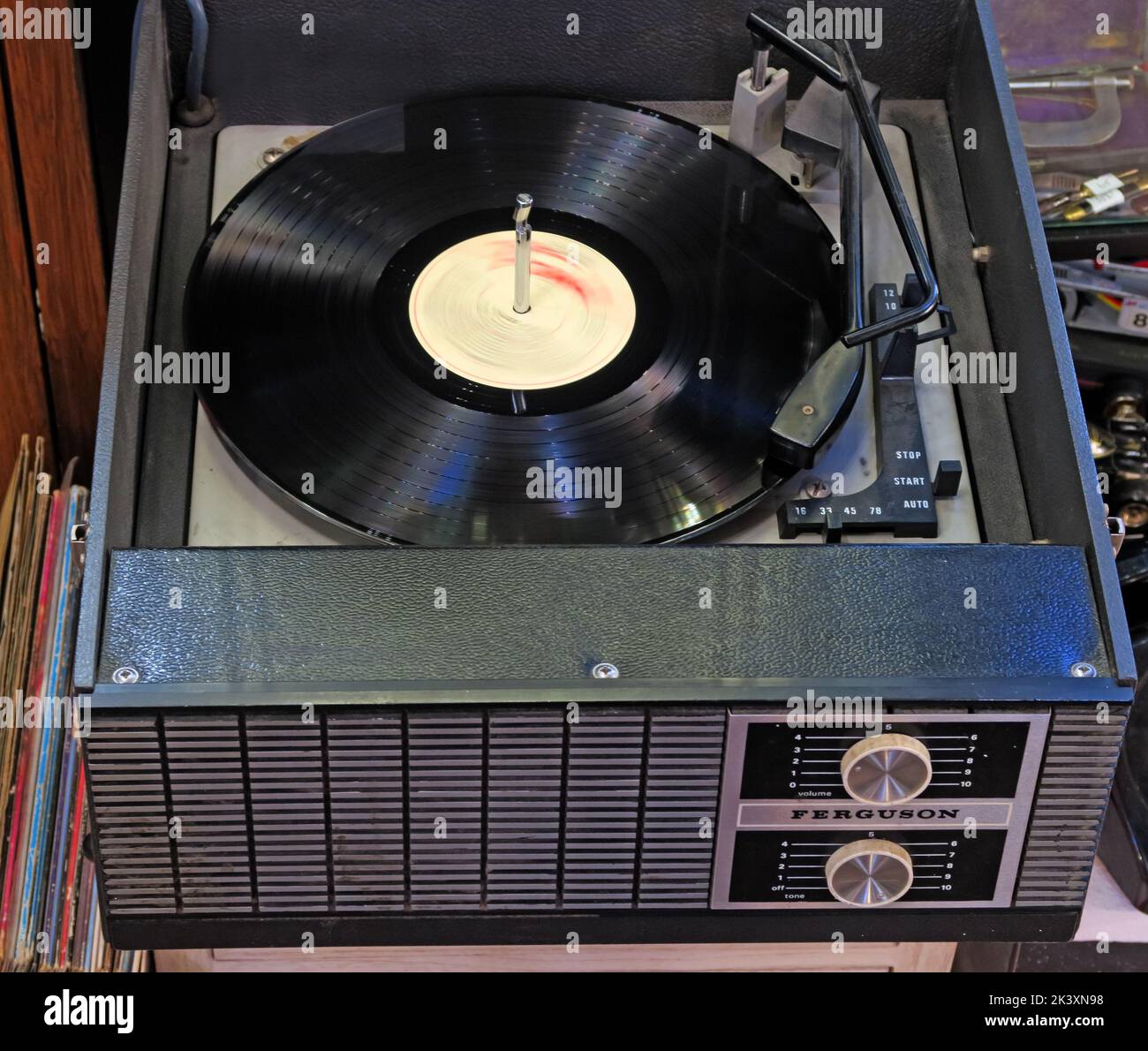 1960 Ferguson four speed Record Player, playing a 12' vinyl LP long player album Stock Photo