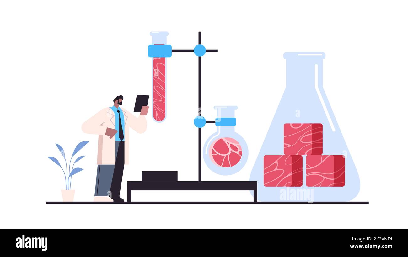 scientist analyzing test tubes with cultured red raw meat made from