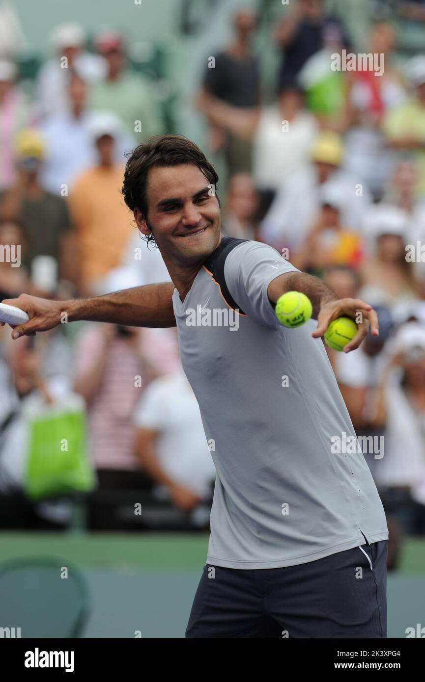 KEY BISCAYNE, FL - MARCH 28:  Roger Federer of Switzerland defeats Juan Monaco of Argentina during the Sony Ericsson Open in Miami, Florida, on Monday, March 28, 2011.   People:   Roger Federer Stock Photo