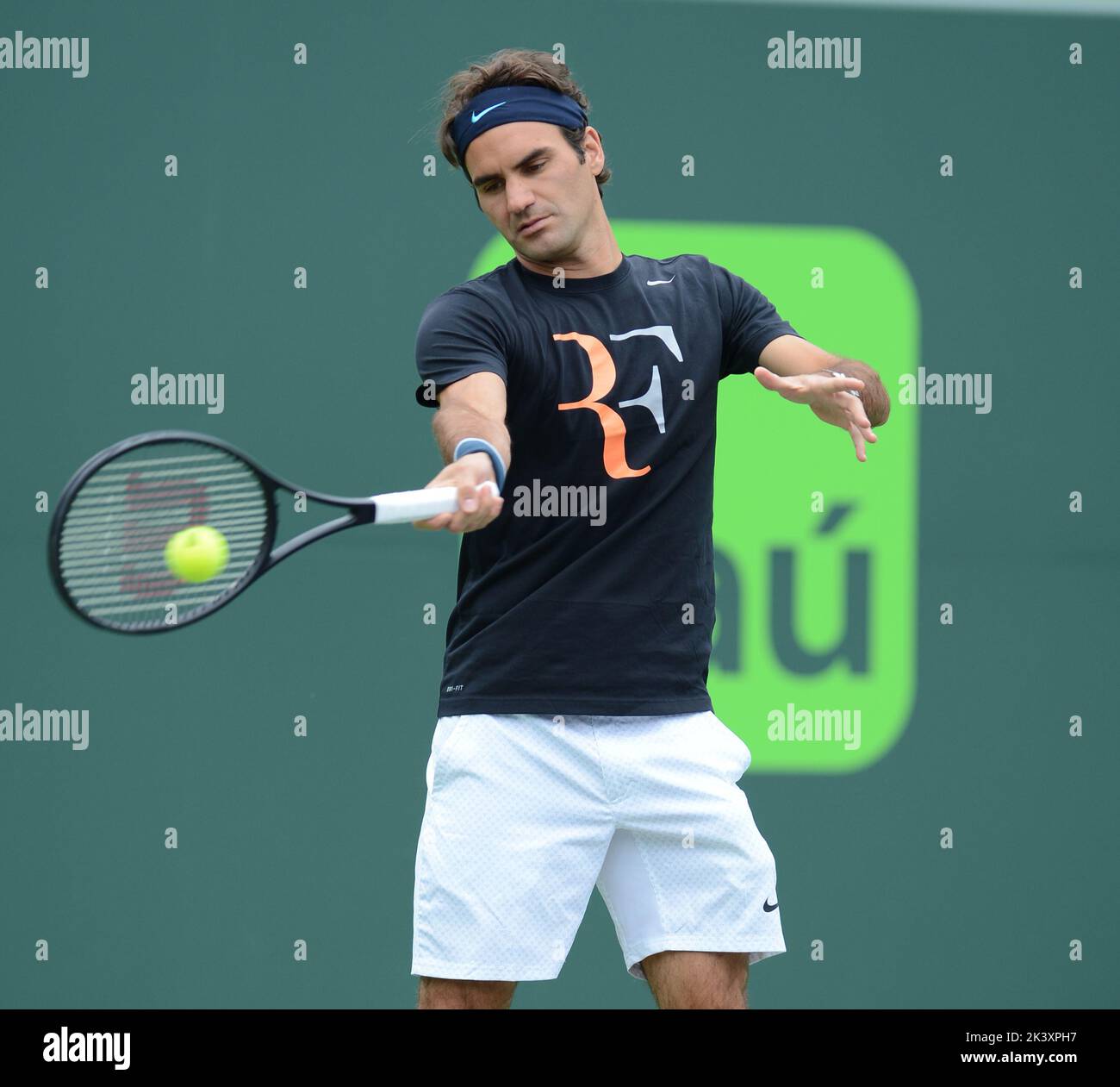 KEY BISCAYNE, FL - MARCH 18: Roger Federer of Switzerland practicing ahead of the Sony Open at Crandon Park Tennis Center on March 18, 2014 in Key Biscayne, Florida.  People:  Roger Federer Stock Photo