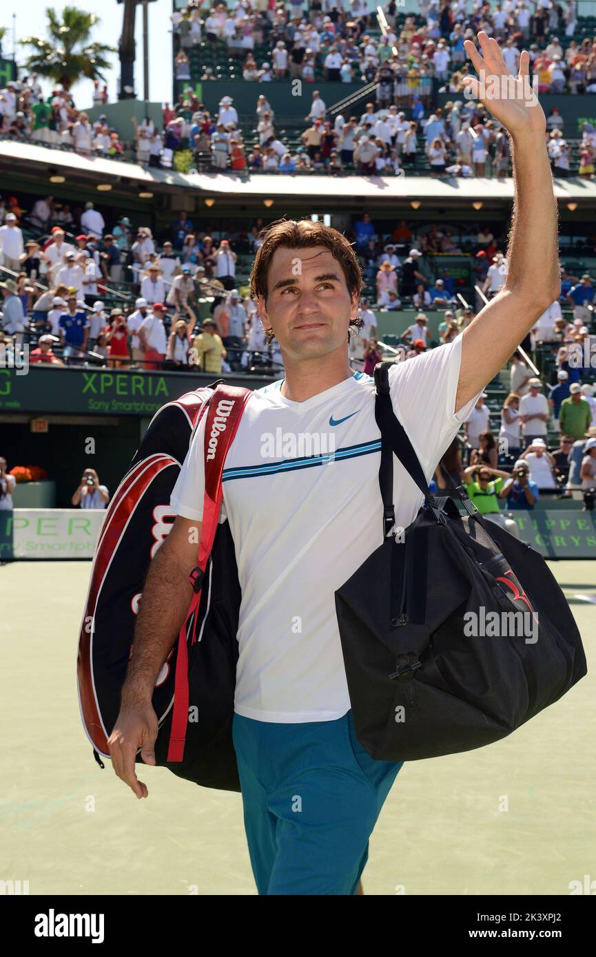 KEY BISCAYNE, FL - MARCH 25: Roger Federer has pulled out of his comeback match against Juan Martin Del Potro at the Miami Open Tennis tournament with a stomach bug at Crandon Park Tennis Center on March 25, 2016, in Key Biscayne, Florida    People:  Roger Federer Stock Photo