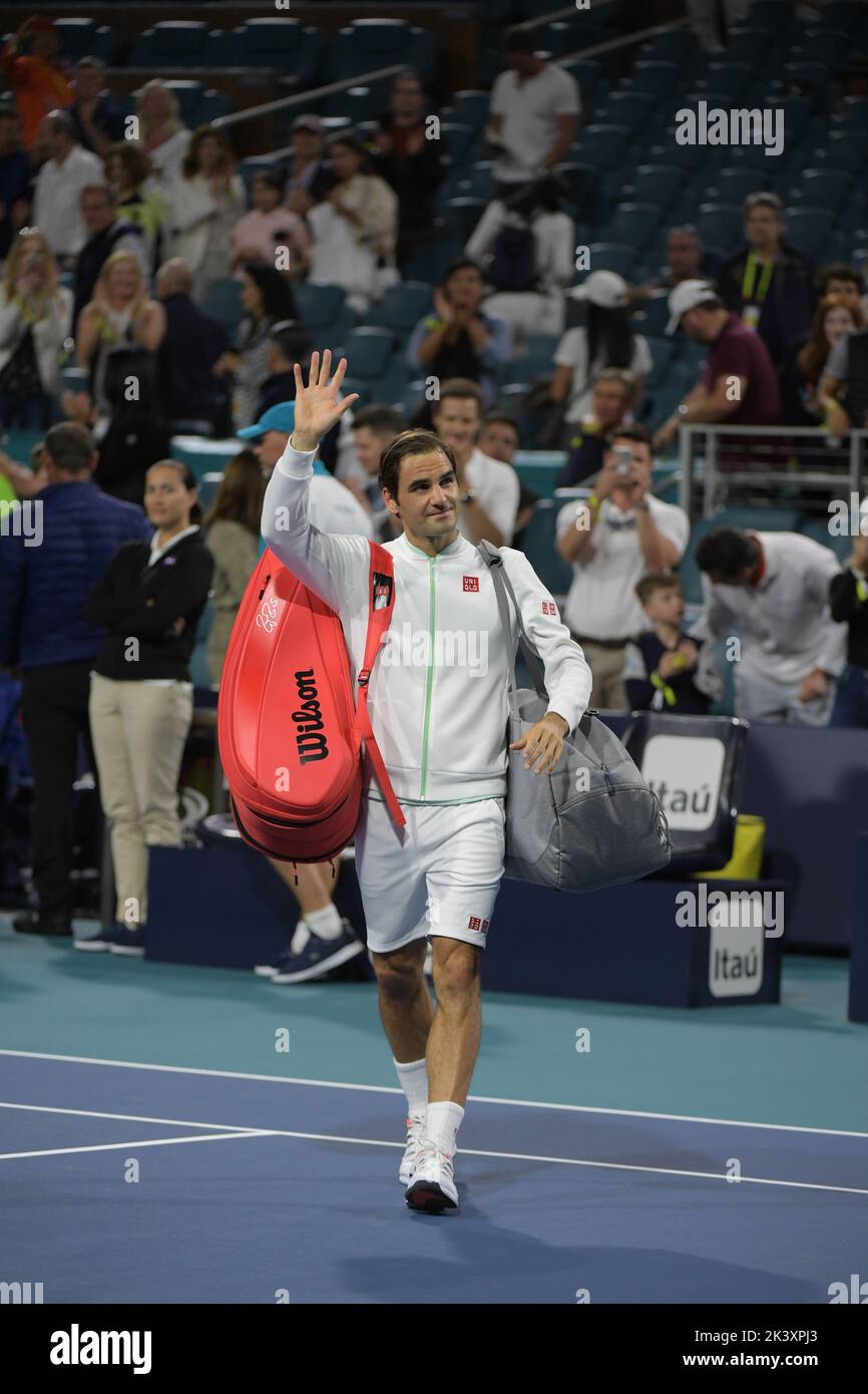 MIAMI GARDENS, FLORIDA - MARCH 28: Roger Federer of Switzerland defeats Kevin Anderson of South Africa during day eleven of the Miami Open tennis on March 28, 2019 in Miami Gardens, Florida People: Roger Federer Credit: Storms Media Group/Alamy Live News Stock Photo