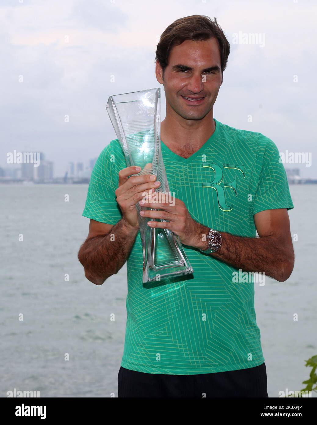KEY BISCAYNE, FL - APRIL 02: Roger Federer of Switzerland poses at the The Rusty Pelican Restaurant in front of the Miami Skyline after defeating Rafael Nadal of Spain during the Men's Final on day 14 of the Miami Open at Crandon Park Tennis Center on April 2, 2017 in Key Biscayne, Florida. People: Roger Federer Credit: Storms Media Group/Alamy Live News Stock Photo