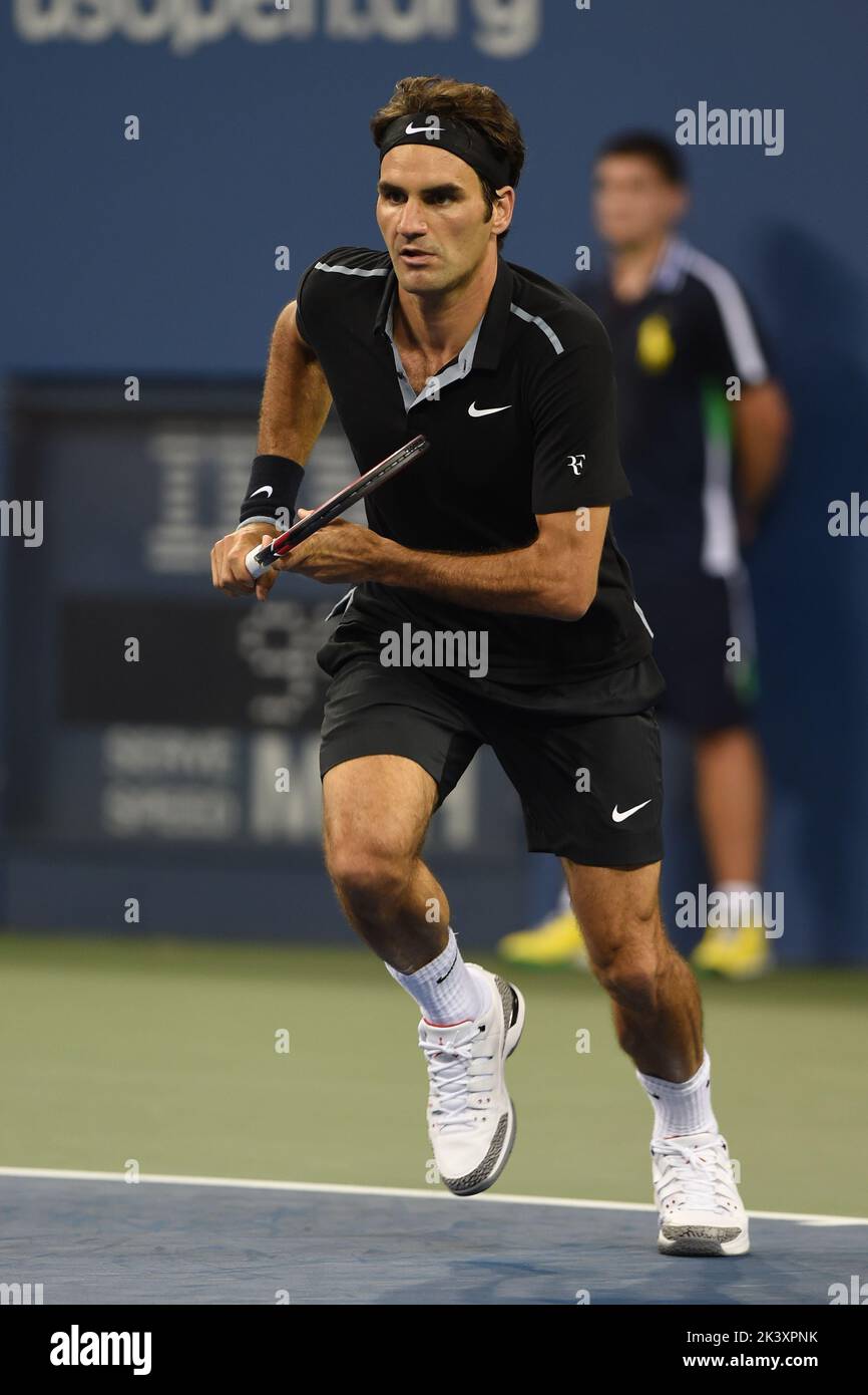 NEW YORK, NY - AUGUST 26: Roger Federer of Switzerland defeats Marinko Matosevic of Australia during their men's singles first round match on Day Two of the 2014 US Open at the USTA Billie Jean King National Tennis Center on August 26, 2014 in the Flushing neighborhood of the Queens borough of New York City People: Roger Federer Credit: Storms Media Group/Alamy Live News Stock Photo