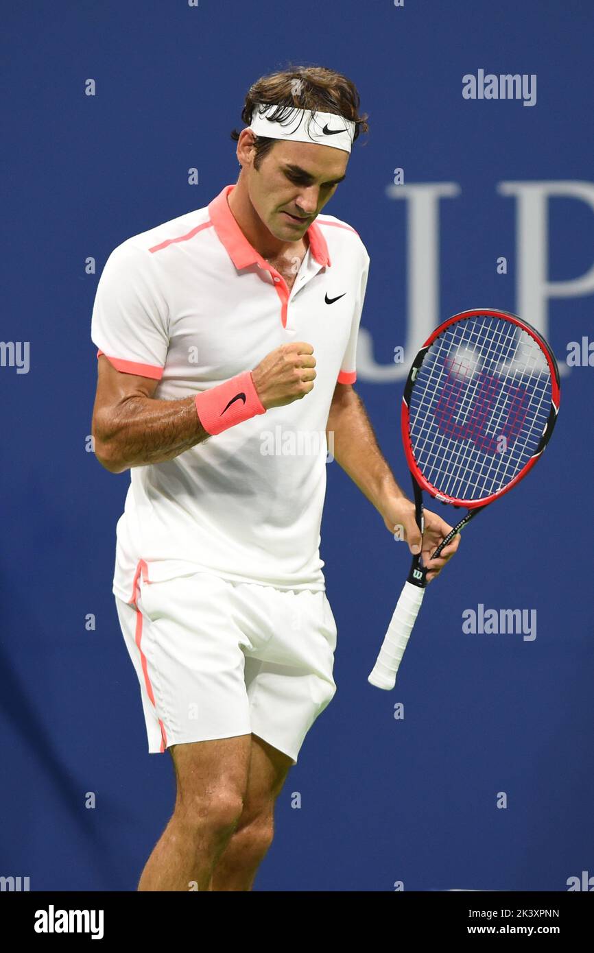 NEW YORK, NY - SEPTEMBER 09: Roger Federer of Switzerland celebrates after defeating Richard Gasquet of France during their Men's Singles Quarterfinals match on Day Ten of the 2015 US Open at the USTA Billie Jean King National Tennis Center on September 9, 2015 in the Flushing neighborhood of the Queens borough of New York City. People: Roger Federer Credit: Storms Media Group/Alamy Live News Stock Photo