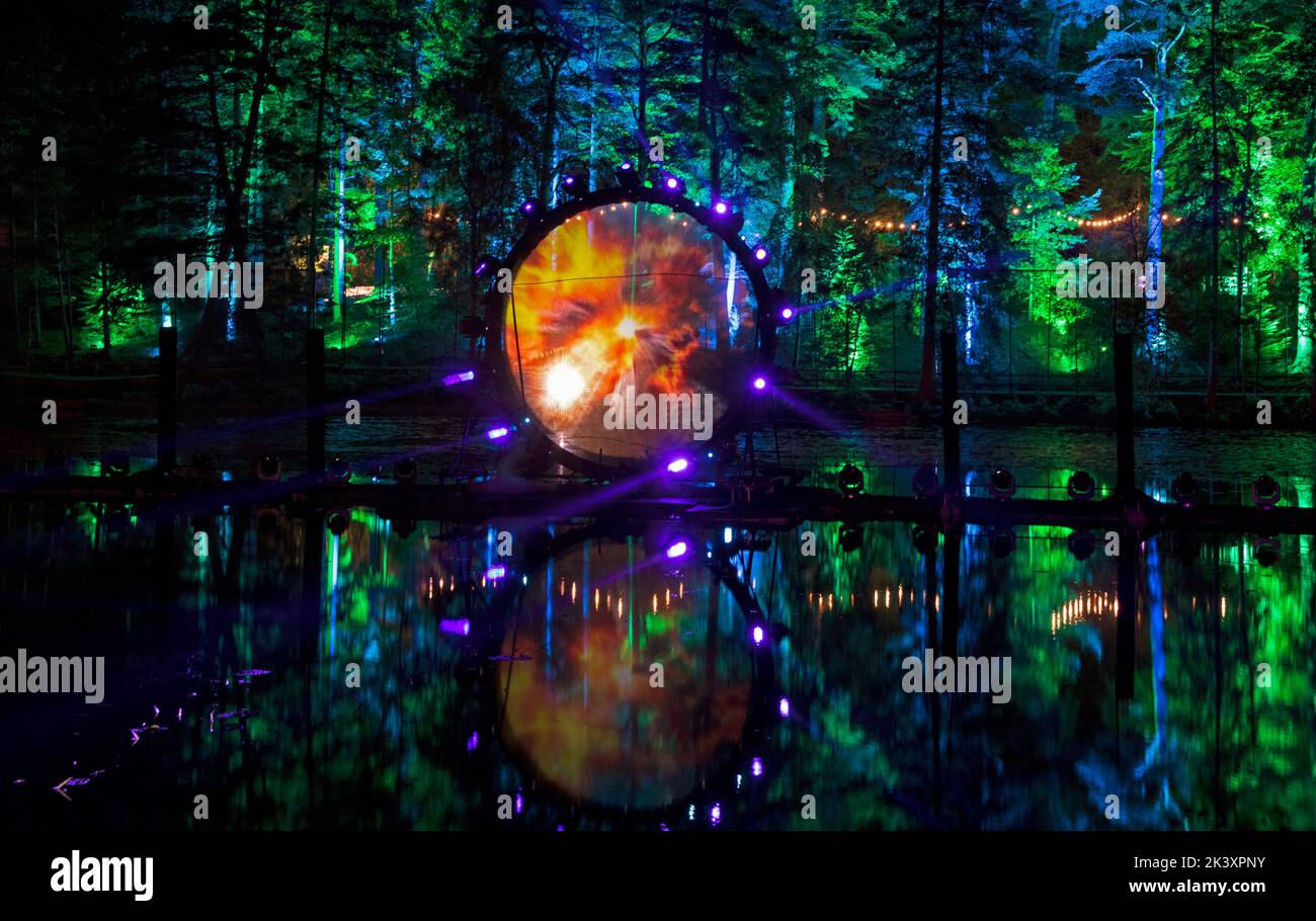 Pitlochry, Perth and Kinross, Scotland. 28 September 2022. In the woodland setting of Forestry & Land Scotland’s Faskally Wood is the setting for the 2022 Enchanted Forest which is making its return to Pitlochry this Autumn with its 20th anniversary show. Founded in 2002 the event opens with the theme, 'Together' inspired by the hopeful public mood of togetherness. It is hoped that the public's imagination will be alight with dazzling visuals and innovative design, choreographed against an original music score. From, Thurs 29 Sept 2022 – Sunday 30 Oct 2022.  Credit; Arch White/alamy live news Stock Photo