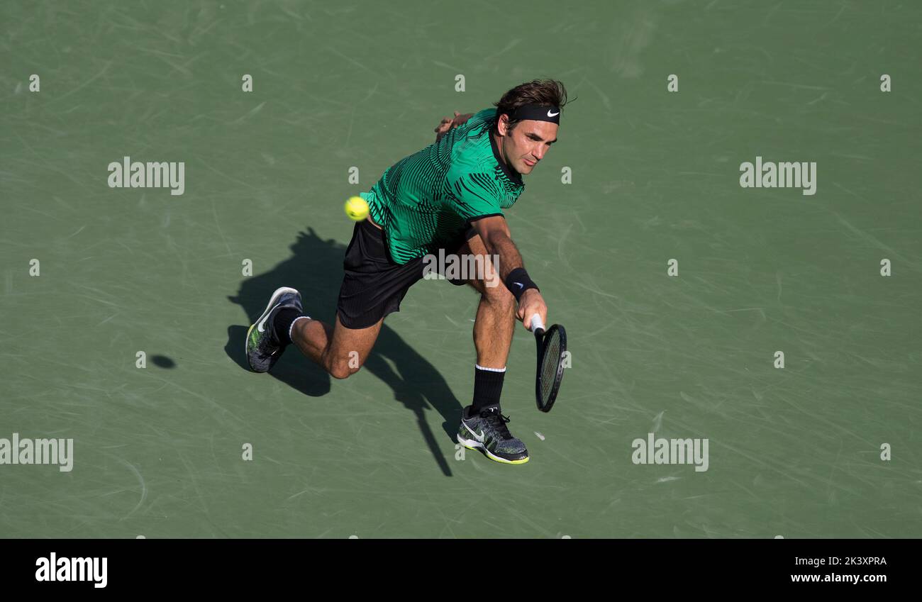 KEY BISCAYNE, FL - MARCH 30: Roger Federer on day 11 of the Miami Open at Crandon Park Tennis Center on March 30, 2017 in Key Biscayne, Florida.    People:  Roger Federer Stock Photo