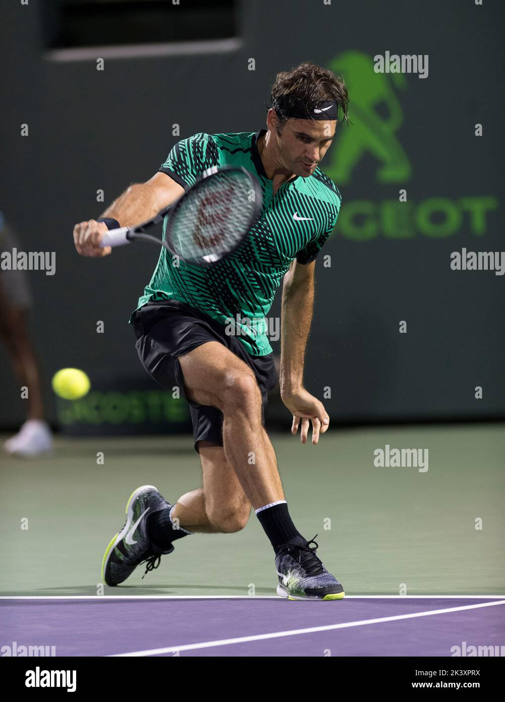 KEY BISCAYNE, FL - MARCH 31: Roger Federer on day 12 of the Miami Open at Crandon Park Tennis Center on March 30, 2017 in Key Biscayne, Florida.    People:  Roger Federer Stock Photo