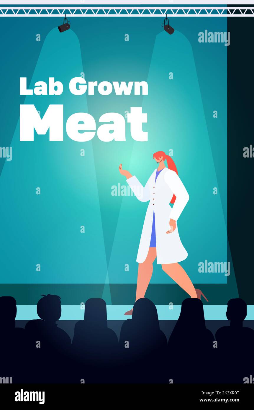 scientist giving speech at tribune cultured red raw meat made from