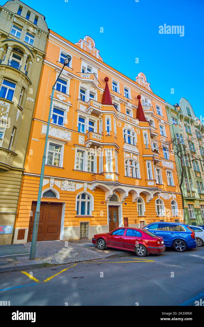 Facade of historical residential house on Manesova street in Vinohrady district in Prague, Czech Republic Stock Photo