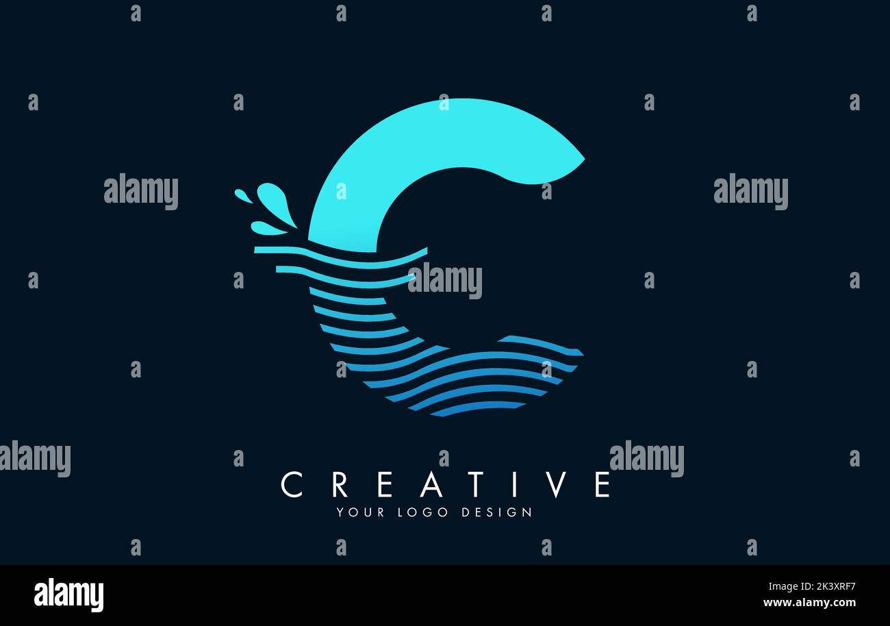 Blue C Letter Logo with Waves and Water Drops Design Vector ...