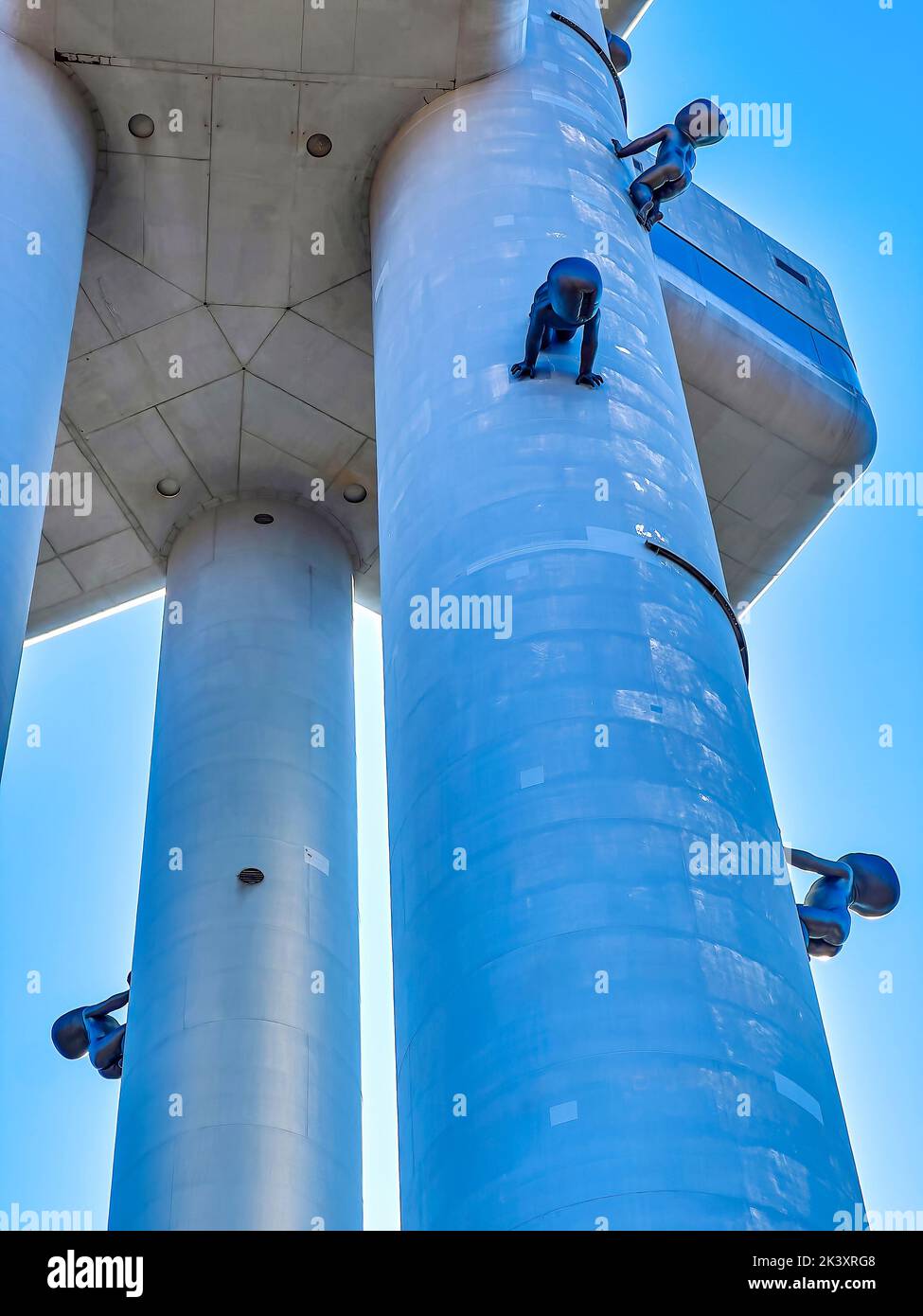 PRAGUE, CZECH REPUBLIC - MARCH 12, 2022: Crawling sculptures of Babies the the most notable elements of Zizkov TV Tower, on March 12 in Prague, Czech Stock Photo